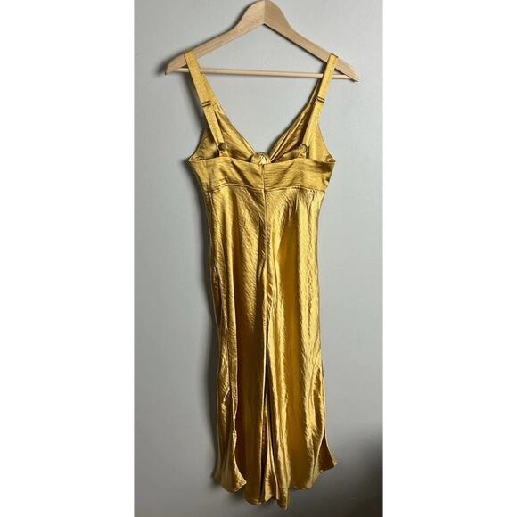Here Comes the Sun Golden Yellow Satin Midi Dress with Tie Front Y2K Size Medium - Picture 2 of 8